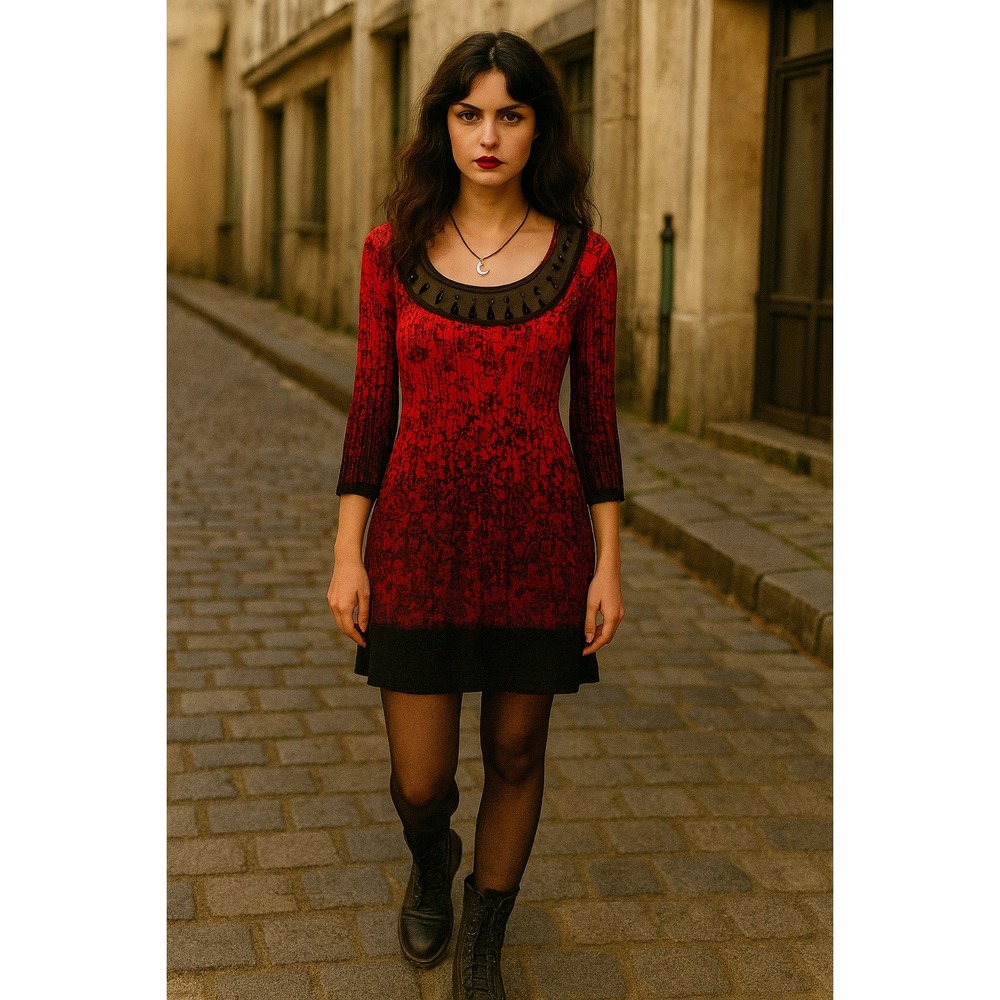 Whimsigoth Witchy Vamp Dark Fairycore Emo Beads Red Black Floral‎ Pleated Tunic